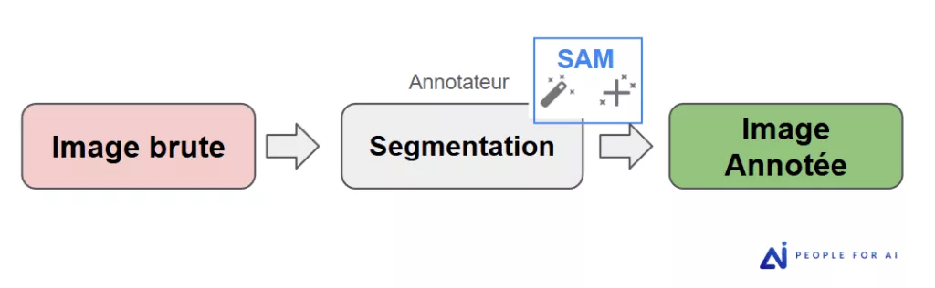 Sch&eacute;ma du processus d'annotation assist&eacute;e : l'annotateur guide SAM avec des points ou des bo&icirc;tes englobantes pour g&eacute;n&eacute;rer instantan&eacute;ment le masque.