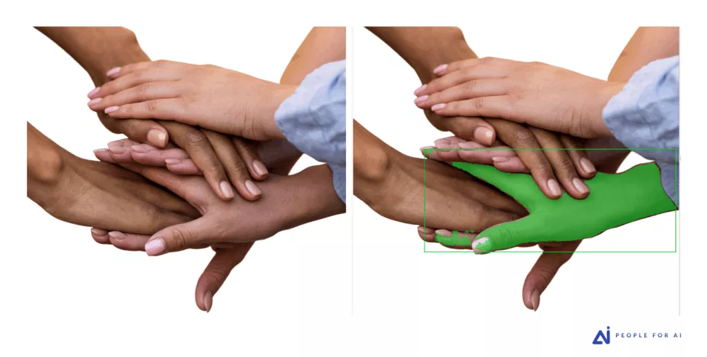 SAM segmentation failure on hands due to interlacing and occlusion.